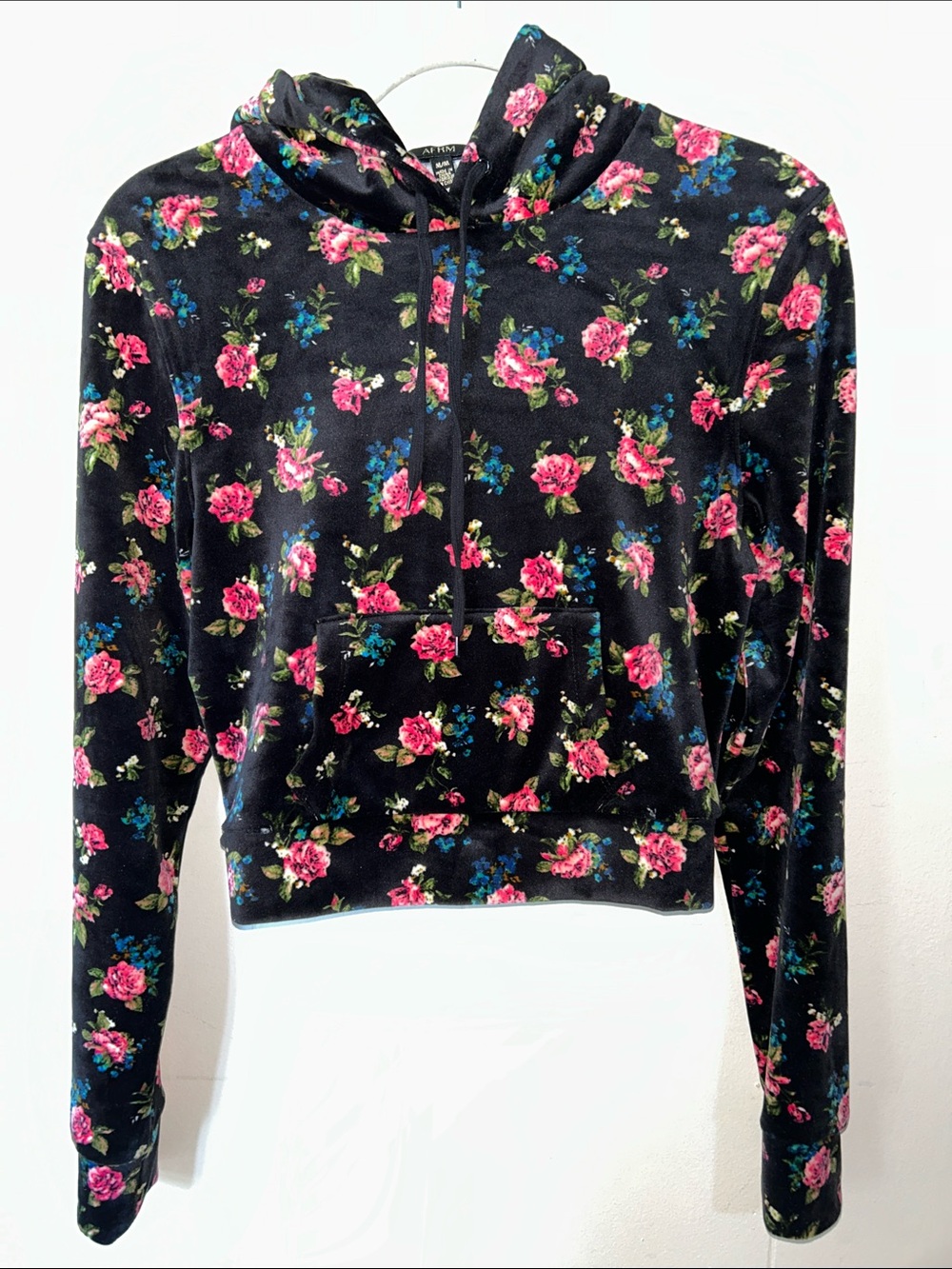 AFRM Black Velvet/Valour like Cropped Hoodie with Pink Rose Print